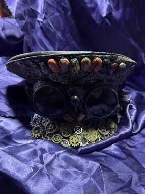 Hand Crafted Black Steampunk military Hat with Brass Gear Accents